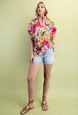 Floral Mock-Neck Top with Contrasting Stripe Trim