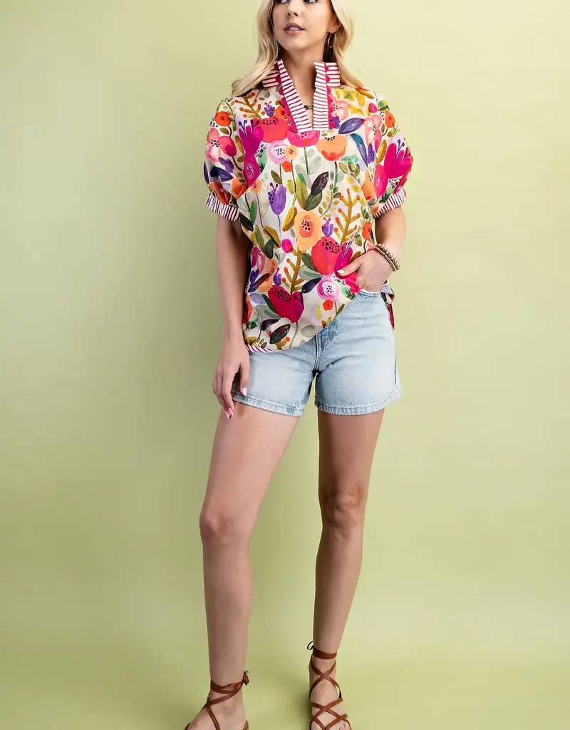 Floral Mock-Neck Top with Contrasting Stripe Trim