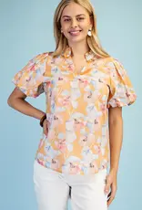 Blossom V-Neck Ruffle Collar Top With Bubble Sleeve