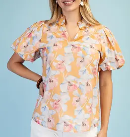 Blossom V-Neck Ruffle Collar Top With Bubble Sleeve