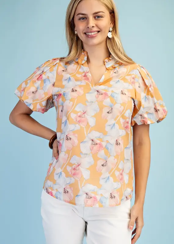 Blossom V-Neck Ruffle Collar Top With Bubble Sleeve