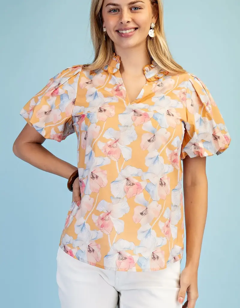 Blossom V-Neck Ruffle Collar Top With Bubble Sleeve