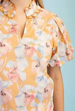 Blossom V-Neck Ruffle Collar Top With Bubble Sleeve