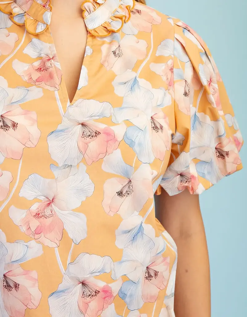 Blossom V-Neck Ruffle Collar Top With Bubble Sleeve