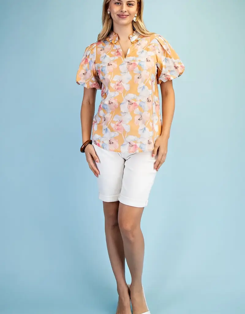 Blossom V-Neck Ruffle Collar Top With Bubble Sleeve
