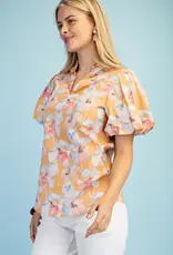 Blossom V-Neck Ruffle Collar Top With Bubble Sleeve
