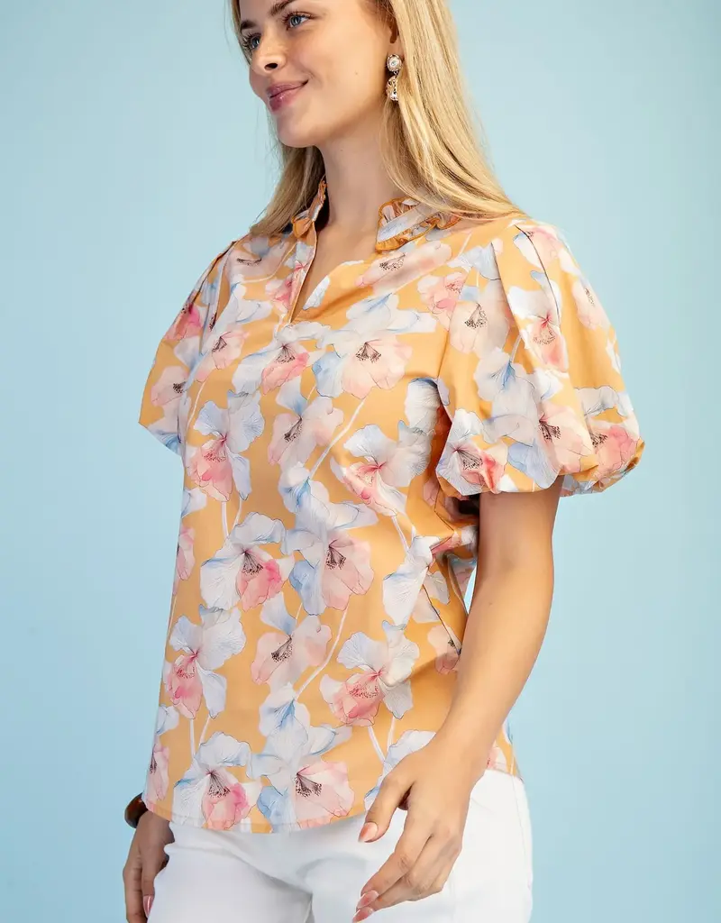 Blossom V-Neck Ruffle Collar Top With Bubble Sleeve
