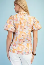 Blossom V-Neck Ruffle Collar Top With Bubble Sleeve