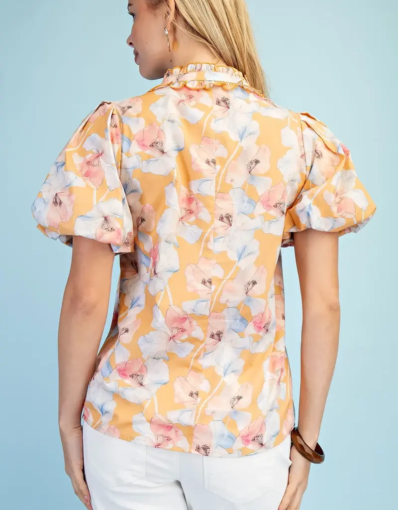 Blossom V-Neck Ruffle Collar Top With Bubble Sleeve