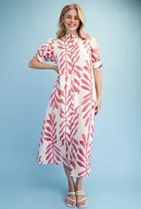 Leaf Print Button Down Midi Dress with a Ruffled Collar