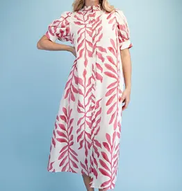 Leaf Print Button Down Midi Dress with a Ruffled Collar