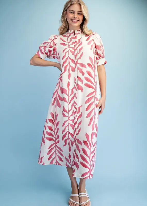 Leaf Print Button Down Midi Dress with a Ruffled Collar