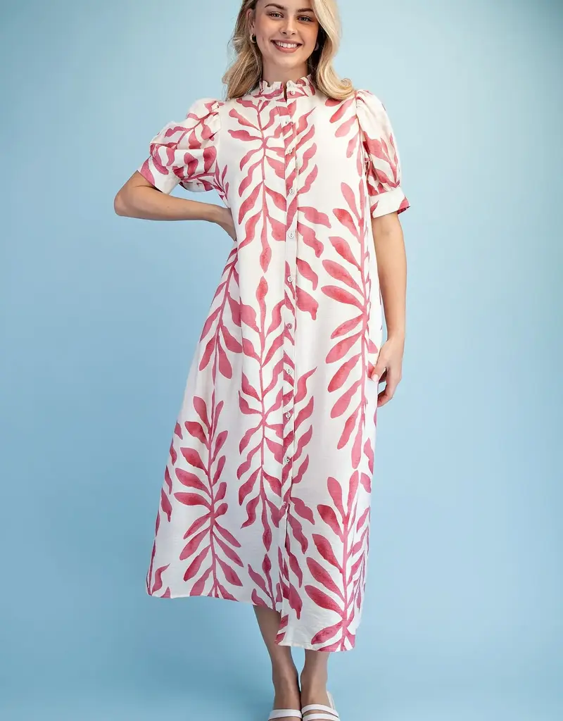 Leaf Print Button Down Midi Dress with a Ruffled Collar