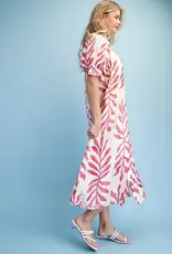 Leaf Print Button Down Midi Dress with a Ruffled Collar