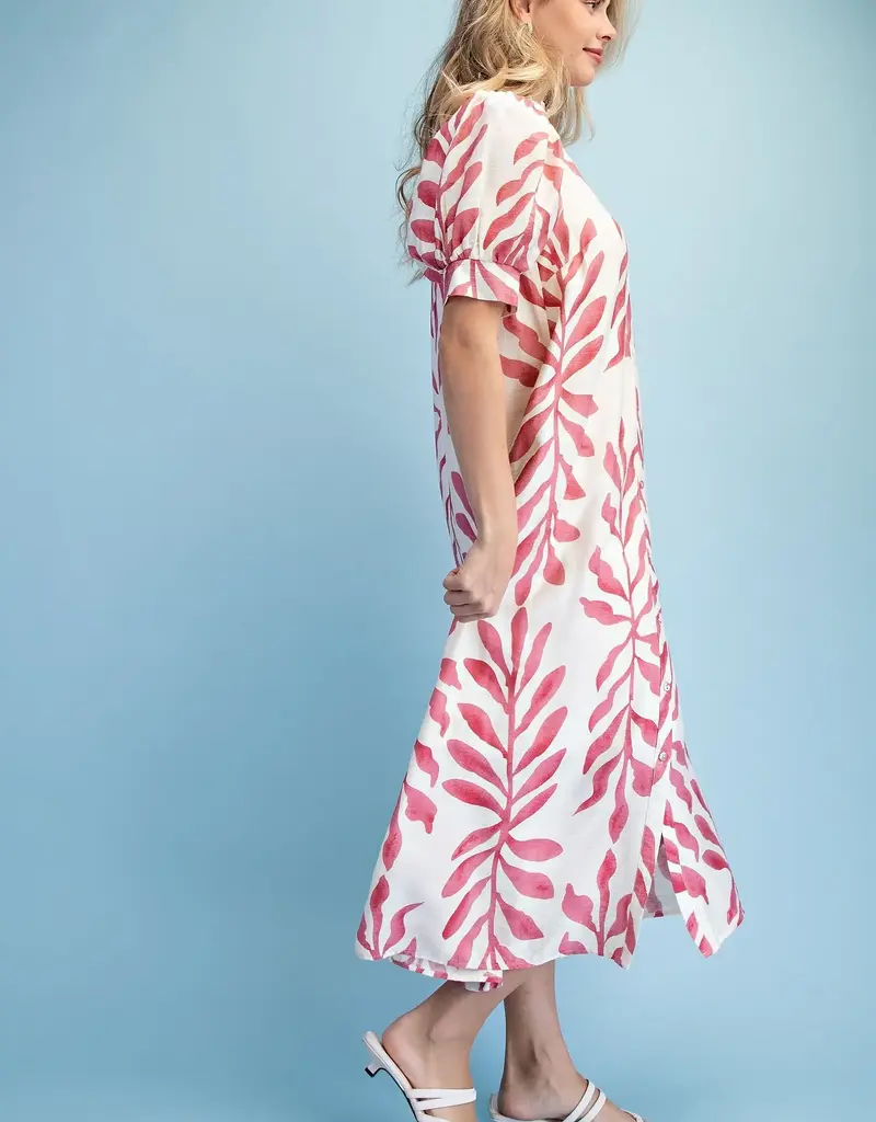 Leaf Print Button Down Midi Dress with a Ruffled Collar