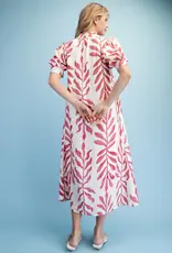 Leaf Print Button Down Midi Dress with a Ruffled Collar