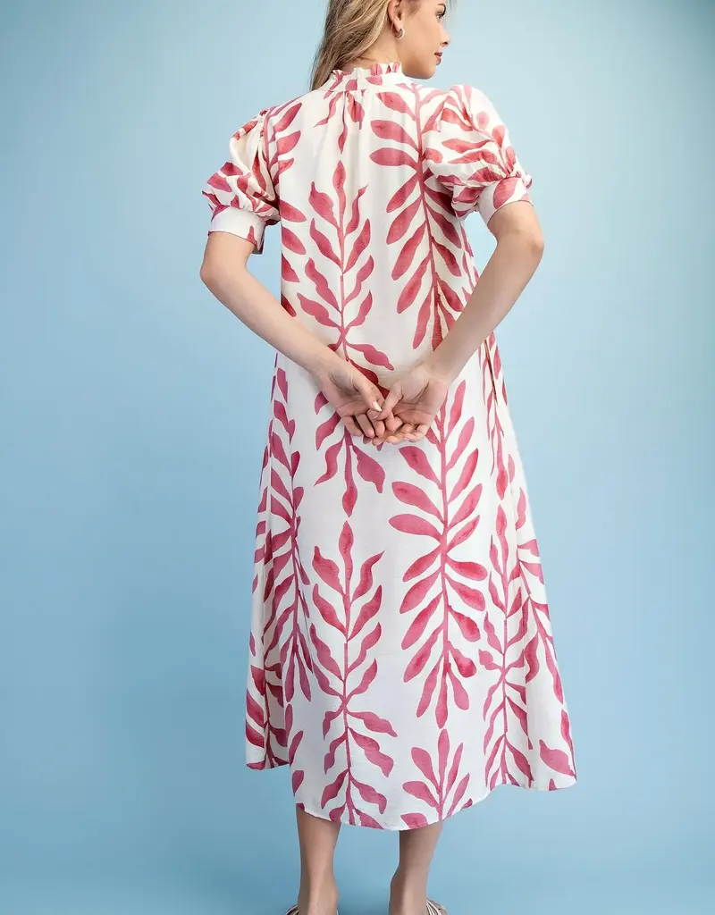 Leaf Print Button Down Midi Dress with a Ruffled Collar