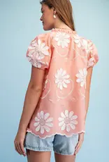 Floral 3D Appliqué and Embroidered V-Neck Top
