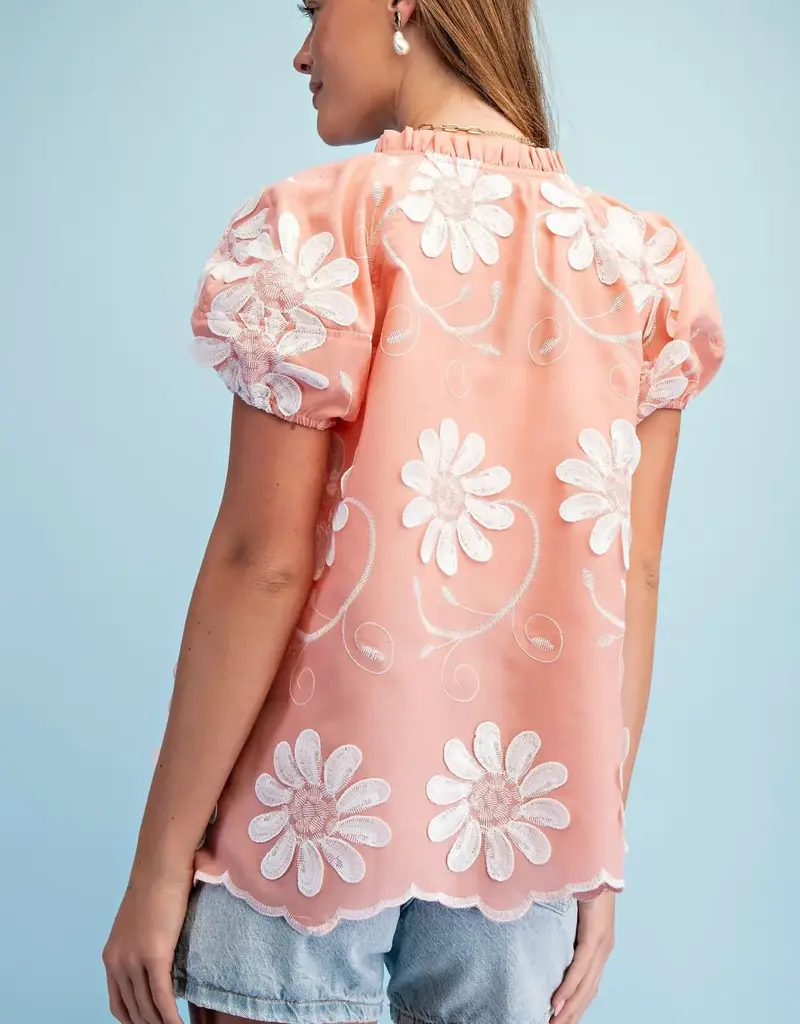 Floral 3D Appliqué and Embroidered V-Neck Top