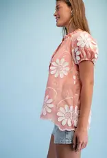 Floral 3D Appliqué and Embroidered V-Neck Top