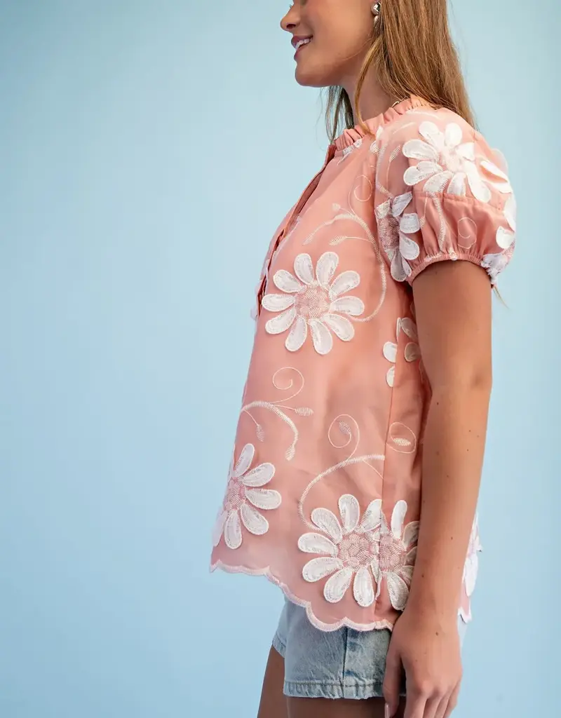 Floral 3D Appliqué and Embroidered V-Neck Top