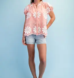 Floral 3D Appliqué and Embroidered V-Neck Top