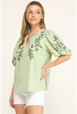 Embroidered Floral Peasant Top With Puff Sleeve