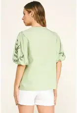 Embroidered Floral Peasant Top With Puff Sleeve