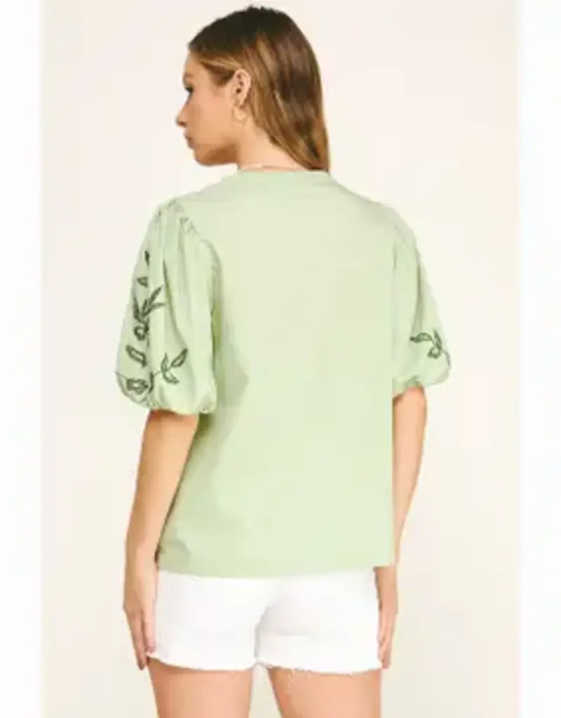 Embroidered Floral Peasant Top With Puff Sleeve