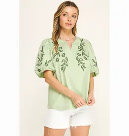 Embroidered Floral Peasant Top With Puff Sleeve