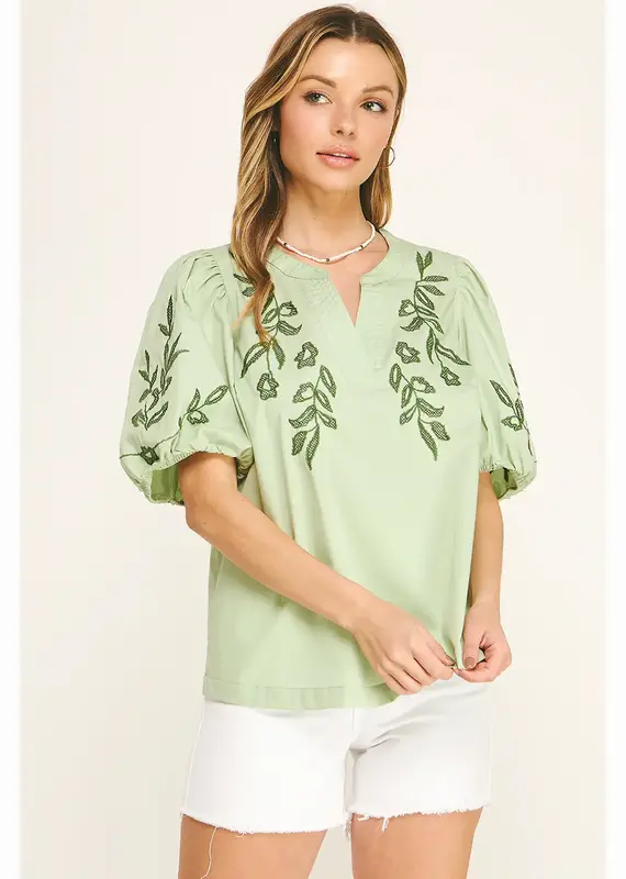 Embroidered Floral Peasant Top With Puff Sleeve