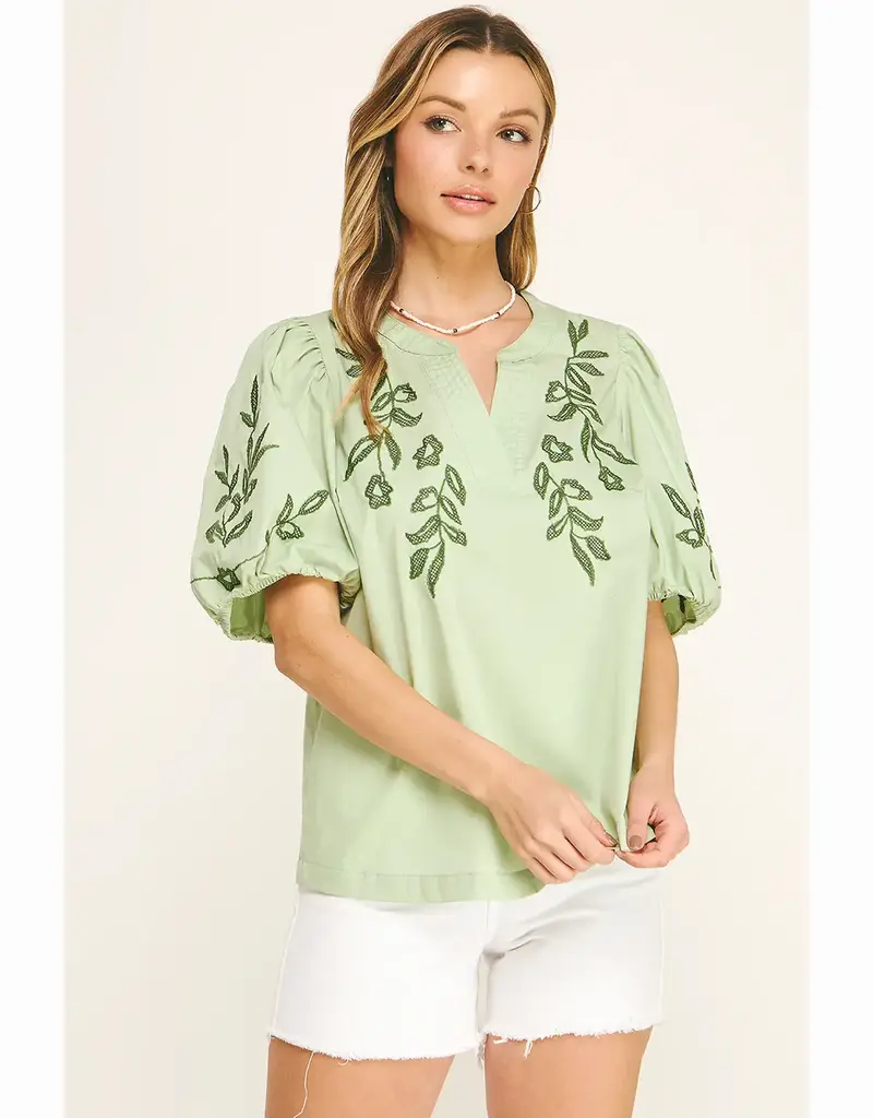Embroidered Floral Peasant Top With Puff Sleeve