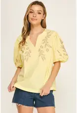 Embroidered Floral Peasant Top With Puff Sleeve