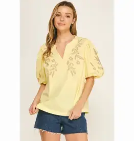 Embroidered Floral Peasant Top With Puff Sleeve