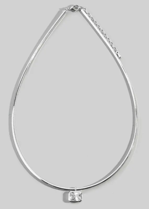 Herringbone Chain Baguette Cz Pendant Necklace - SILVER