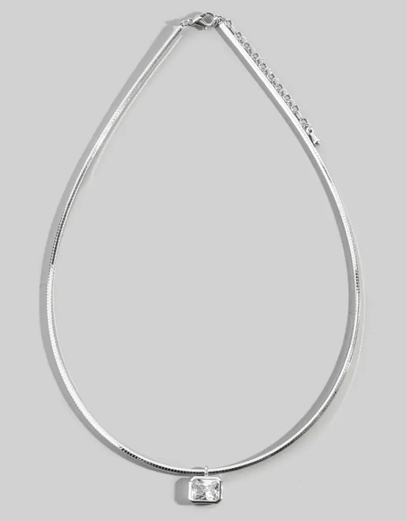 Herringbone Chain Baguette Cz Pendant Necklace - SILVER