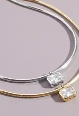 Herringbone Chain Baguette Cz Pendant Necklace - SILVER