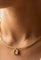 Herringbone Chain Baguette Cz Pendant Necklace - GOLD