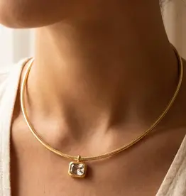 Herringbone Chain Baguette Cz Pendant Necklace - GOLD