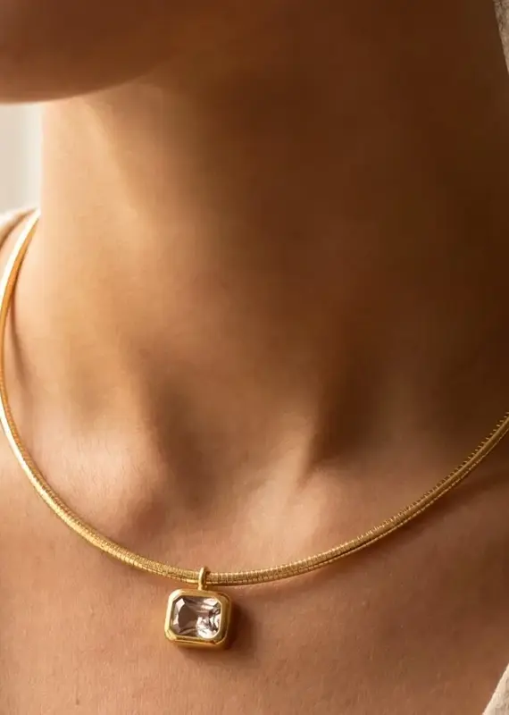 Herringbone Chain Baguette Cz Pendant Necklace - GOLD