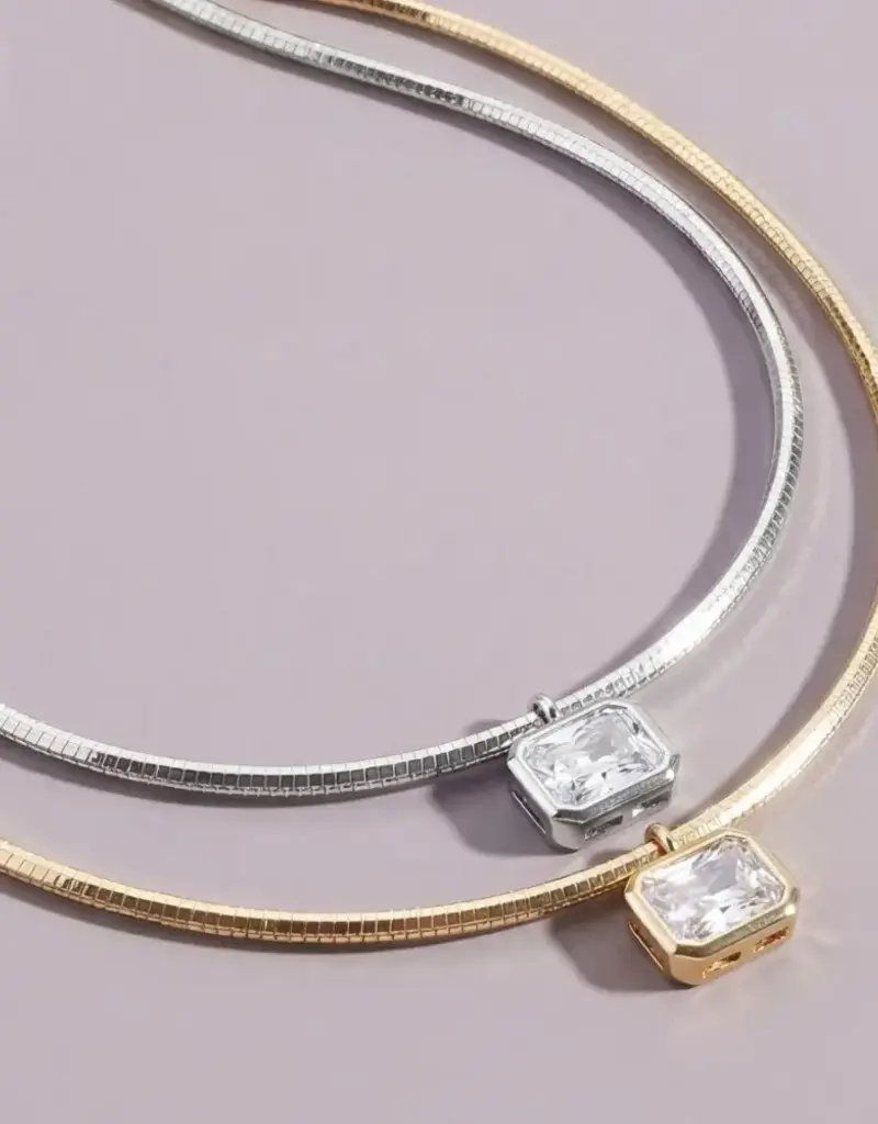 Herringbone Chain Baguette Cz Pendant Necklace - GOLD