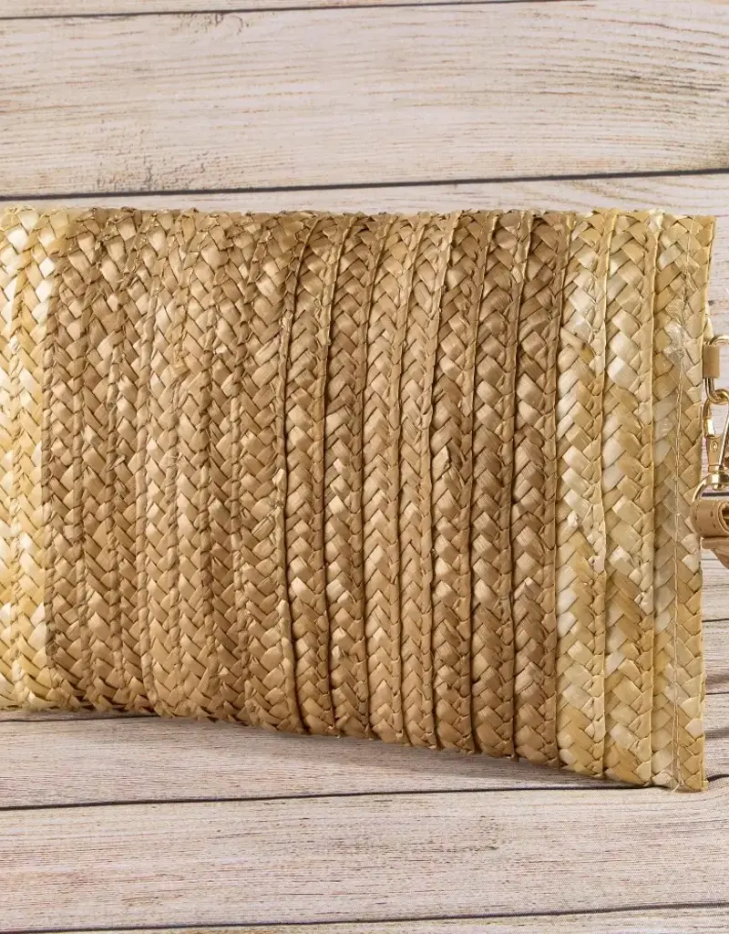 Three Tone Straw Clutch Bag - Beige
