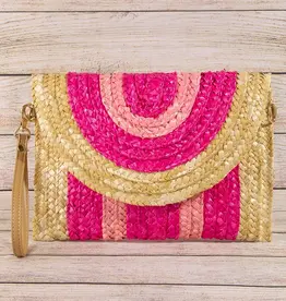 Three Tone Straw Clutch Bag = Pink/Beige
