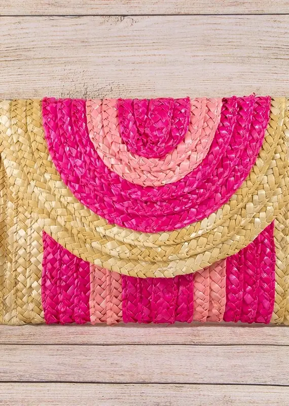 Three Tone Straw Clutch Bag = Pink/Beige