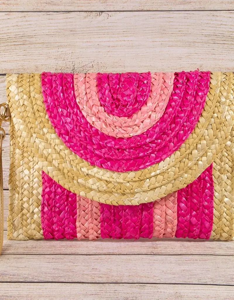Three Tone Straw Clutch Bag = Pink/Beige
