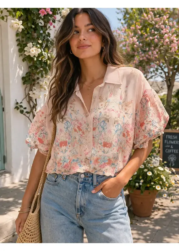 Charlotte Chiffon Embroidered Button Front Top