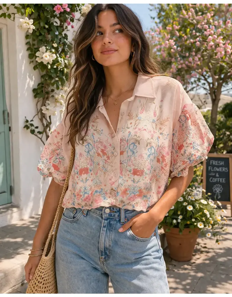 Charlotte Chiffon Embroidered Button Front Top