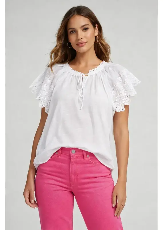 Peasant Tie Neck Top With Lace Detail