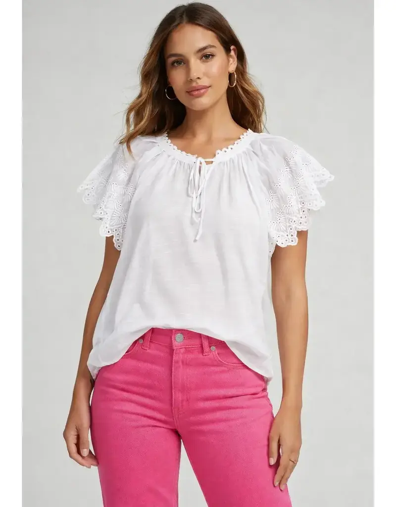 Peasant Tie Neck Top With Lace Detail on Sleeves