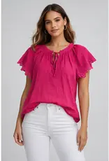 Peasant Tie Neck Top With Lace Detail on Sleeves